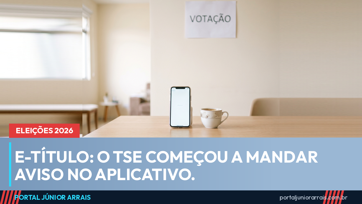 Celular apoiado sobre uma mesa de madeira clara ao lado de uma xícara de café, com um cartaz escrito VOTAÇÃO na parede do fundo